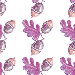 Seamless watercolor pattern of acorns and autumn oak leaves. Pattern on white background