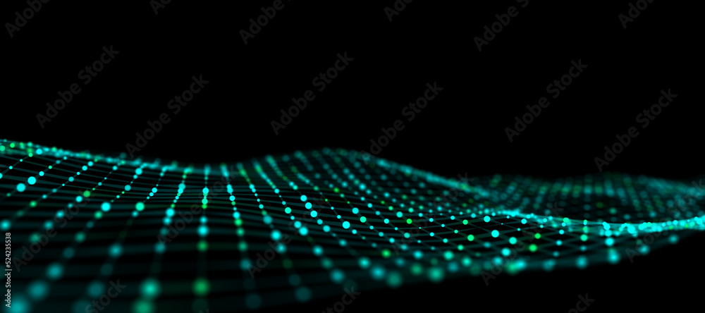 Poster Technology green wave with lines. Big data visualization. Analytics representation. Digital background. 3d rendering.