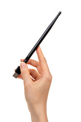 A woman's hand holds a bluetooth wifi adapter with a black antenna. Isolated on white background