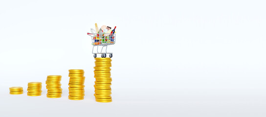 Foods inflation, CPI consumer price index. Shopping cart trolley on rising graph cost of living indicator. Rising foods cost and grocery price. Price rise concept on white background. 3D rendering. - obrazy, fototapety, plakaty