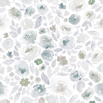 Seamless watercolor floral pattern in pastel grey and sepia.
