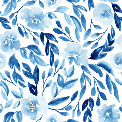 Seamless watercolor floral pattern in blue and navy. 