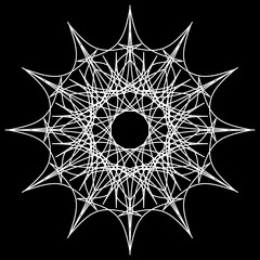 Line Round Ornament on Black Background. White lacy snowflake, greeting element package Abstract geometry symbol. Vector illustration of graphic element Geometric pattern fractale. Mandala. Snowflake 
