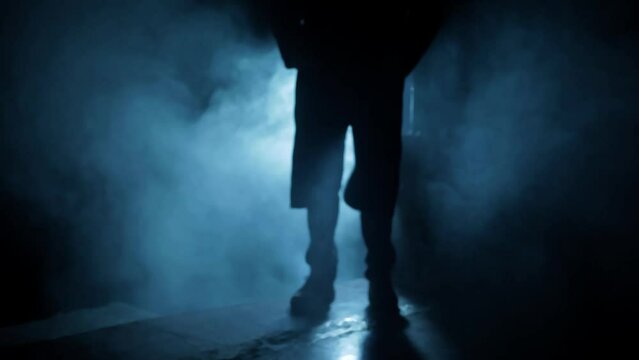 Cinematic shot of a professional killer in long court with a handgun in dramatic light, and smoke.