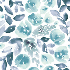 Seamless watercolor floral pattern in teal blue and marengo grey. - 524236363