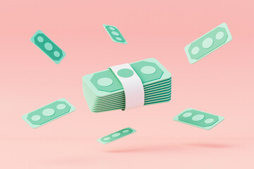 3D money banknote transfer on pink background, online payment and transfer. Holding for business, bank transfer, finance, investment, money. 3D Rendering