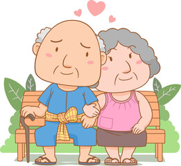 Cartoon illustration of grandparents in love sitting on garden bench. National grandparents' day.	