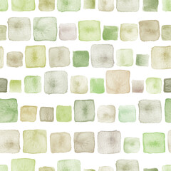 Seamless watercolor squares pattern in earthy greens and browns. 