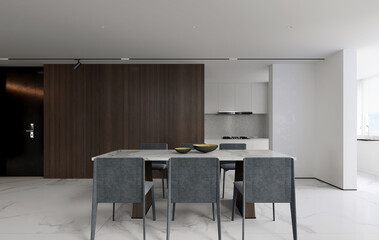 Modern Dining and kitchen interior with dining table and chairs. 3D illustration