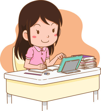 Cartoon illustration of girl studying online from home.