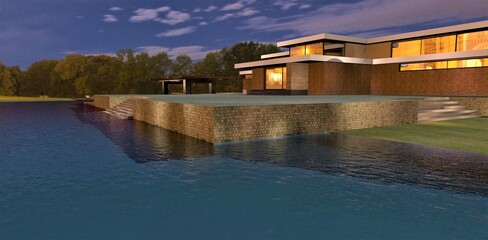 Night landscape. Reflection of evening lights in the mirrored windows of a luxurious country villa. Light reflections play on the surfaces of finishing materials. 3d render.
