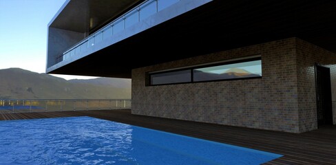 Pool on the roof of an advanced hotel in the mountains of Arizona. Blue water, decking decking. The wall is tiled with old brick. 3d render.