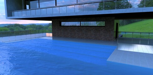 Staircase in the pool under water. Covered terrace. The floor finishes are square ceramic tiles. The terrace is fenced with glass with steel fasteners. 3d render.
