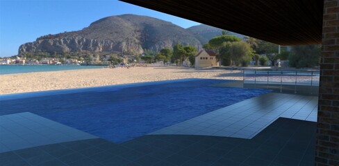 View of the ocean beach and mountain peninsula. Rooftop pool. Floor tiles. Fence glass and aluminum. 3d render.