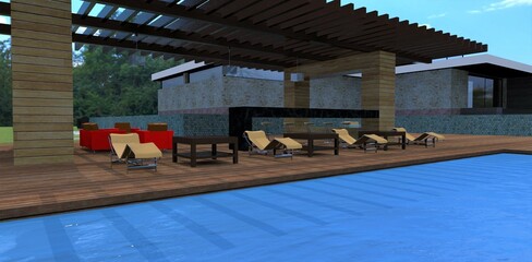 Fototapeta na wymiar Wonderful advanced design patio. The relaxation area includes sun loungers, comfortable furniture and a bar counter on the decking around the pool. 3d render.