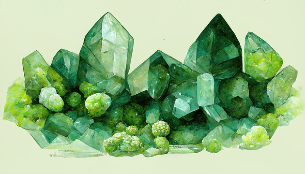 green prehnite crystal cluster digital âinting on a light background