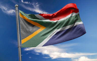 South African Flag is Waving Against Blue Sky with Clouds