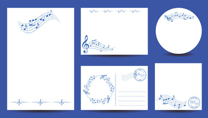 Fototapeta na wymiar set of templates for music events - blue musical notes on white backgrounds
