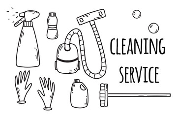 Cleaning service. House cleaning. Vector illustration. Doodle style. Cleaning service flyer. Vacuum cleaner, spray and bubbles.
