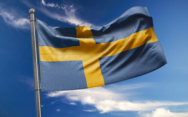 Swedish Flag is Waving Against Blue Sky with Clouds