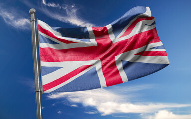 British Flag is Waving Against Blue Sky with Clouds