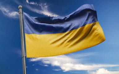 Ukrainian Flag is Waving Against Blue Sky with Clouds