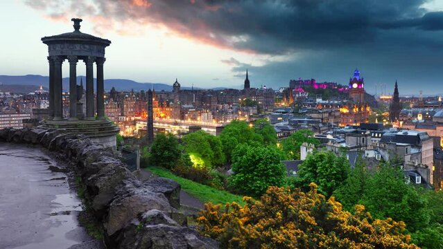 Time lapse of Edinburgh skyline with castle from Calton Hill, sunset to night,  Scotland - UK
