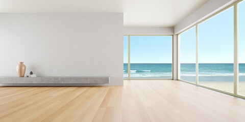3d rendering of modern living room with white empty wall and wooden floor. Sea view background.