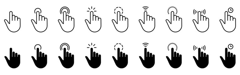 Obraz premium Hand with Finger Digital Mouse Click Line and Silhouette Icon Set. Cursor Computer Pointer Sign. Website App Press Tap Link Choice Button Internet Interface Symbol. Isolated Vector Illustration