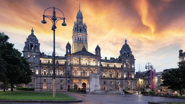 Time lapse of Glasgow City Chambers in George square at sunset to night, Scotland - UK