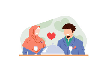 Muslim couple dinner at the restaurant