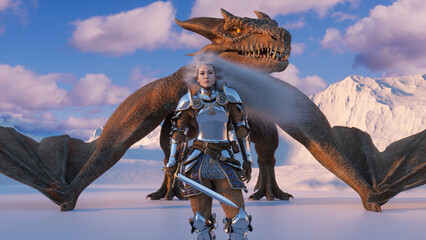 White haired female warrior knight stands with a drawn sword and a dragon behind against the backdrop of snow capped mountains. Fantasy artwork scene. CGI animation 3d rendering
