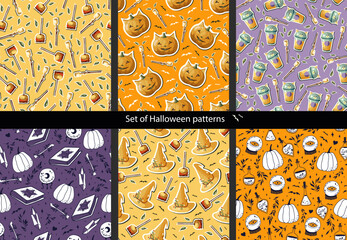 Adobe Illustrator ArtworkSet of Halloween seamless pattern. With pumpkin, witch hat, magic ball, caramel apple, magic book, and marshmallows. Perfect for textile, wallpaper, and print.