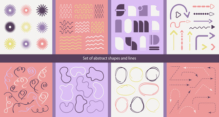 Set of abstract shapes, stains, arrows, lines, flowers, and scribbles. Trendy elements for your designs. Hand-drawn clip art.