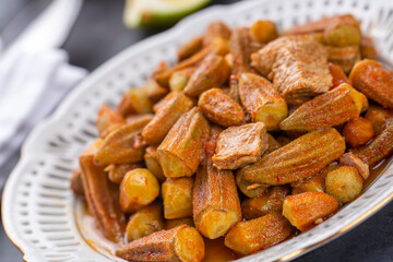 Bamya, Turkish traditional food. (Turkish cuisine) Homemade Food Okra in Plate. Organic Food.