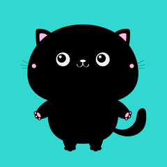 Kawaii fat standing cat. Cartoon funny character. Cute kitten baby animal. Love Greeting card. Black silhouette sticker. Flat design style. Happy Valentines Day. Blue background. Isolated.