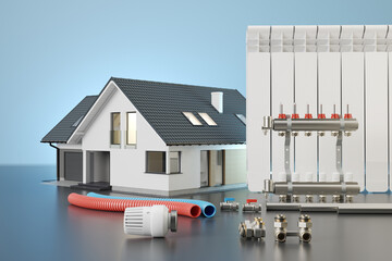 House and elements of the installation of the heating system. Heating radiator, thermostat, pipes and collector. Central heating installation concept. 3D illustration. - obrazy, fototapety, plakaty
