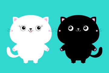 Kawaii white black fat standing cat. Cartoon funny character. Cute kitten baby animal. Love Greeting card. Black silhouette sticker. Flat design style. Happy Valentines Day. Blue background. Isolated.