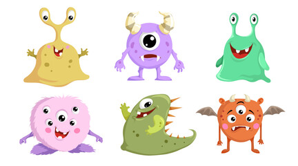 Cartoon cute monsters set. Funny creatures collection. Best for birthday and halloween party designs. Vector illustrations isolated on white background.