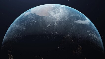 Ultra realistic earth in space rotating and drifting away, stars in background. 3d illustration