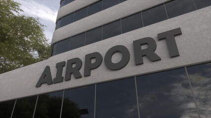 Airport sign on a modern skyscraper. Airport terminal building. 3d illustration