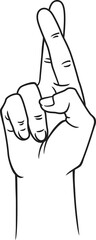 Crossed fingers hand sign in line art style.