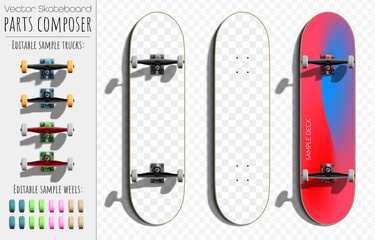 Vector skateboard mockup set – customizable deck, trucks, and wheels – editable parts template for branding and design