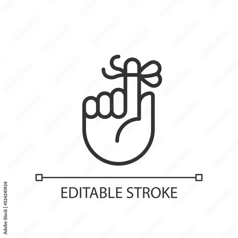 Poster knot on finger for memory pixel perfect linear icon. rope tied around pointer. hand gesture. thin li