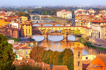 Florence or Firenze, Italy high angle view, Ponte Vecchio bridge. Panorama view from Michelangelo square.