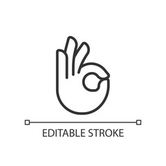 OK gesture pixel perfect linear icon. Agreement sign. Approvement symbol. Body language. Thin line illustration. Contour symbol. Vector outline drawing. Editable stroke. Arial font used