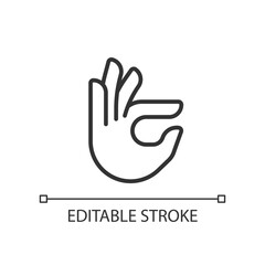 Fingers holding small item pixel perfect linear icon. Hand gesture. Interaction sign. Thin line illustration. Contour symbol. Vector outline drawing. Editable stroke. Arial font used