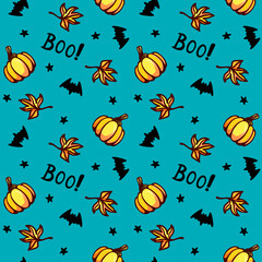 Autumn cute halloween pattern with bats, pumpkins and maple leaves.