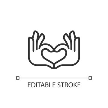 Hands heart gesture pixel perfect linear icon. Showing affection and love. Romantic relationship. Thin line illustration. Contour symbol. Vector outline drawing. Editable stroke. Arial font used
