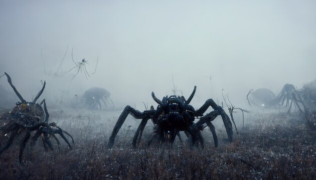 illustrative giant spiders in fog